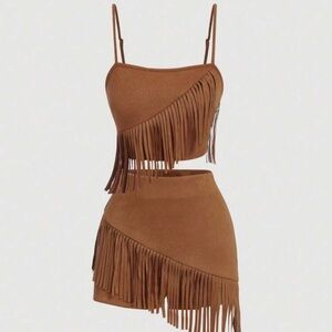 SHEIN Brown Fringe Skirt Set